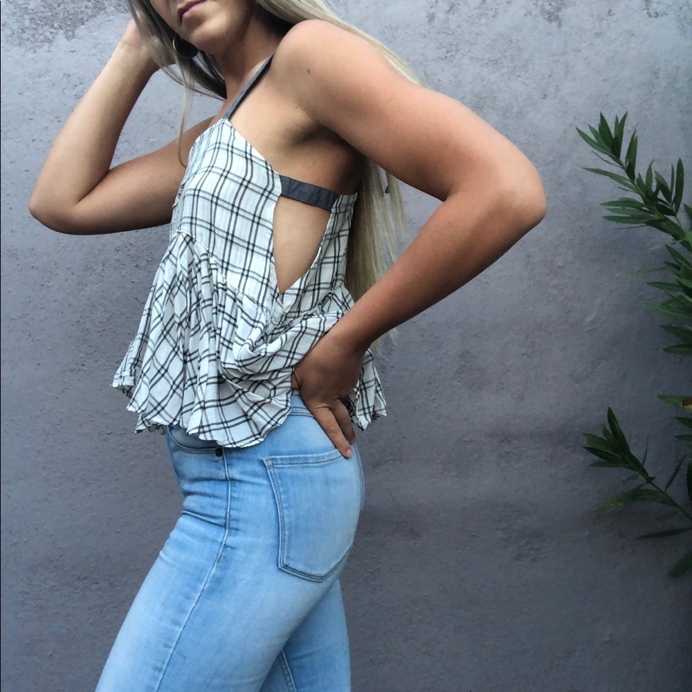 Free people plaid side slit ruffle tank blouse - Picture 2 of 6